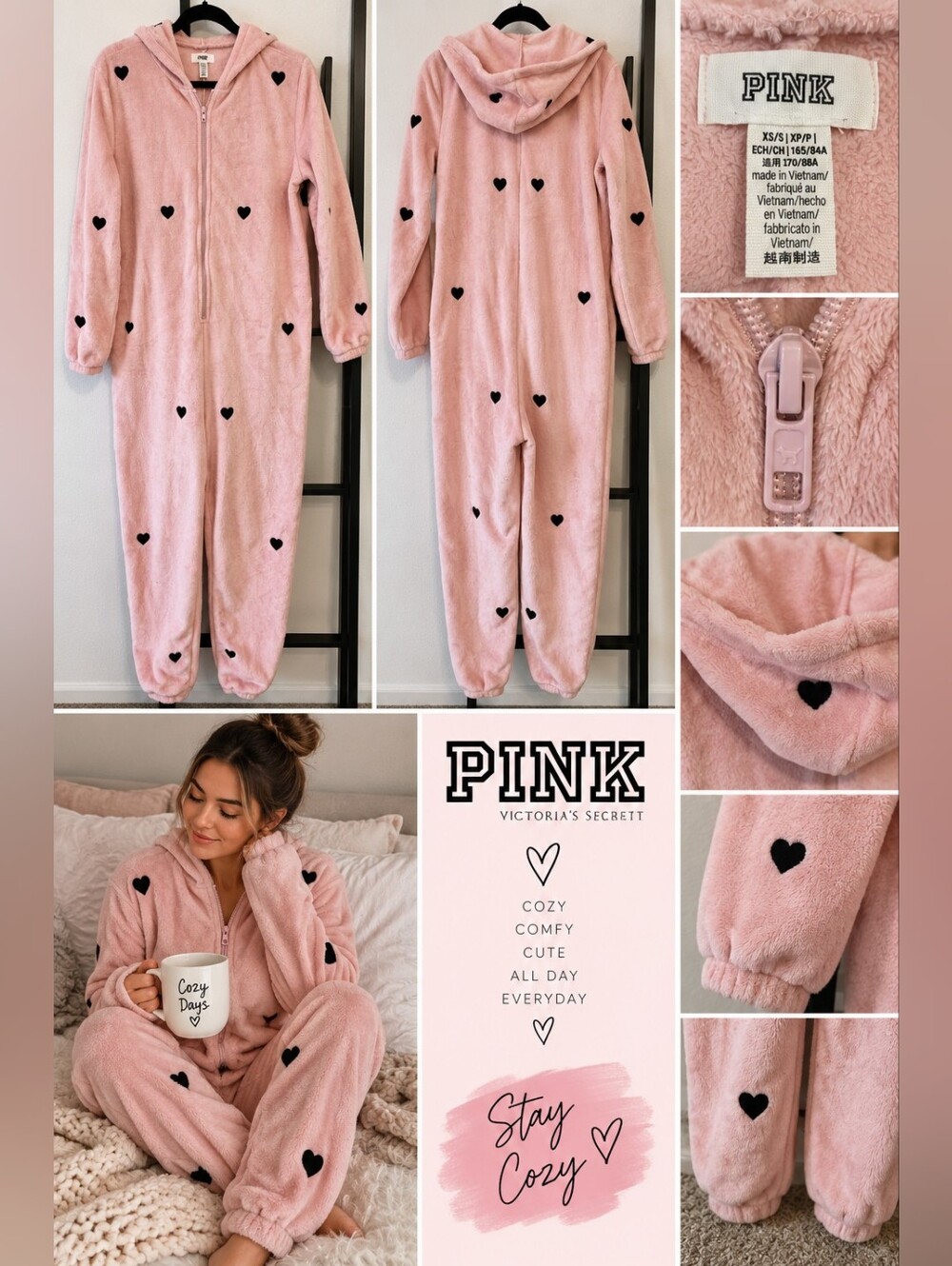 PINK Victoria’s Secret Plush Heart Hooded One Piece Pajama XS